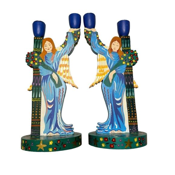 Pier 1 Wood Folk Art Scandinavian Feel Candle Holders Angel Vintage 70s 80s - Picture 2 of 5